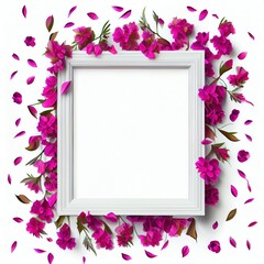 Wall Mural - An empty square frame with magenta flowers on white background. Bright pink color. Ai generated decorative abstract illustration with a square frame covered with vivid petals.