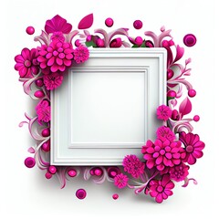 Wall Mural - An empty square frame with magenta flowers on white background. Bright pink color. Ai generated decorative abstract illustration with a square frame covered with vivid petals.