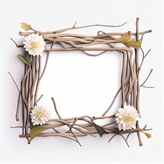 Wall Mural - An empty square frame made of dry tree branches and flowers on white background. Ai generated abstract decorative illustration with a square frame of shrub branches and daisy flowers.