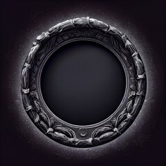 Wall Mural - An empty ornamental stone circle frame on black background. Detailed natural cracked rock texture. Ai generated abstract illustration with a circle frame made of stone with backlight.