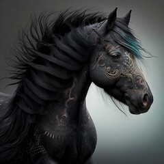 Wall Mural - portrait of a decorated black horse on whithe background, native americans pony, generative ai