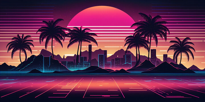 Synth wave tropical retro city landscape background at sunset horizontal Generative AI