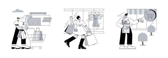 Poster - Retail shop abstract concept vector illustration set. Big box discounter, anchor and isolated store, shopping center, attract customers, outlet mall, supermarket merchandising abstract metaphor.