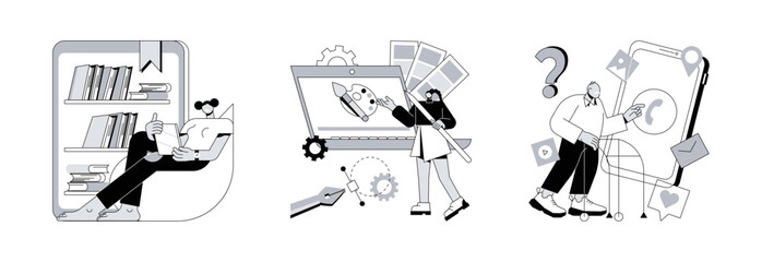 Poster - using technology abstract concept vector illustration set. electronic paper, digital pen, low-techni