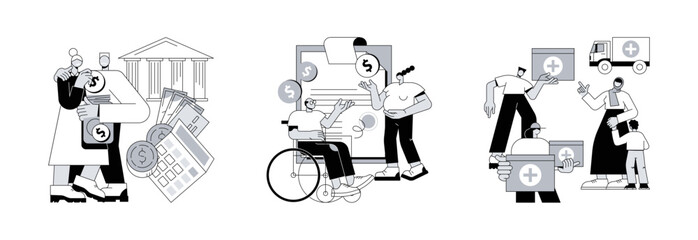 Poster - Social care abstract concept vector illustration set. Pension scheme, leave on social grounds, aid to disadvantaged groups, retirement plan, care for sick people, volunteer help abstract metaphor.