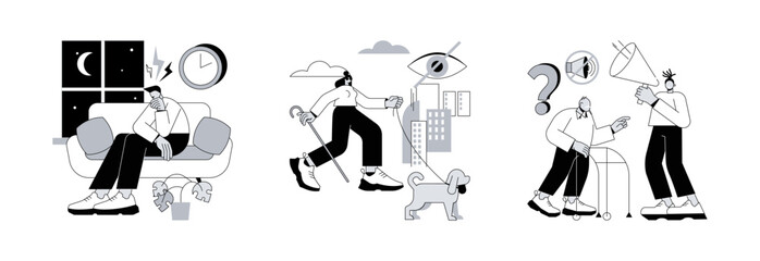 Poster - Health problems abstract concept vector illustration set. Sleep behavior disorder, blindness and vision loss, deafness and hearing problem, eyes condition, otolaryngologist visit abstract metaphor.