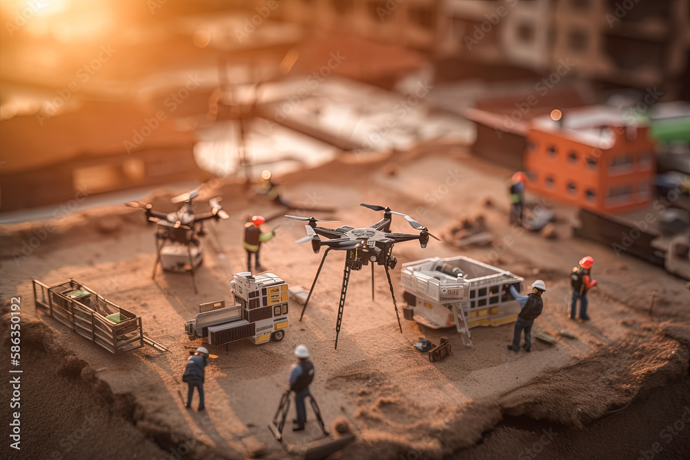 Team of engineers inspects the engines of a drone. Tiny workers ...