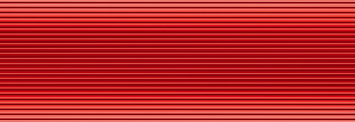 Red lines metal wall background. Horizontal striped corrugated metal sheet. Line pattern metallic fence. Iron industrial construction banner