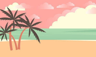 Tropical summer beach with palms and pink sky. Seaside landscape, tropical beach relax or seaside landscape.