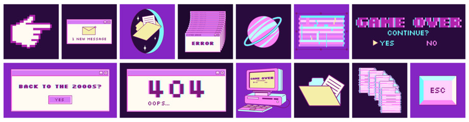 Fototapete - Big sticker set in trendy y2k style. Old computer aestethic. Retro pc elements, user interface. Nostalgia for 1990s -2000s. Vector illustrations.