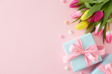 Wall Mural - Top view composition of gift boxes with bows bouquet of flowers yellow pink tulips colorful hearts on isolated pastel pink background with copyspace. Happy Mother's Day concept