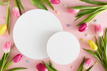 Wall Mural - Mother's Day concept. Creative layout made of white circles pink yellow tulips and colorful hearts on isolated pastel pink background. Flat lay copyspace