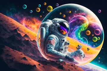Wall Mural - colourful astronaut in bubbles in space, colorful illustration pop art, generative ai