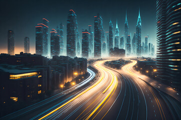 Wall Mural - high-speed traffic at night in a technological metropolis city with glowing lines in the highway amo