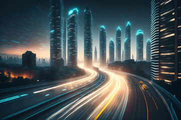 Wall Mural - high-speed traffic at night in a technological metropolis city with glowing lines in the highway amo