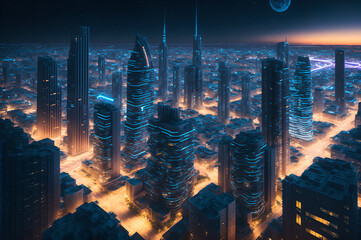 Wall Mural - An aerial view of a large futuristic tech city with lots of skyscrapers and glowing luminous roads, generative ai 