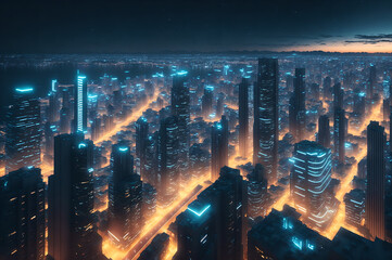 Wall Mural - An aerial view of a large futuristic tech city with lots of skyscrapers and glowing luminous roads, generative ai 