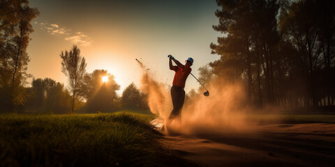 Wall Mural - Golfer sport swing action at sunset in sand trap playground illustration. Generative AI