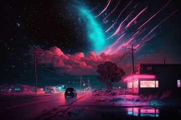Wall Mural - a vibrant glow of neon lights in the night sky generative ai