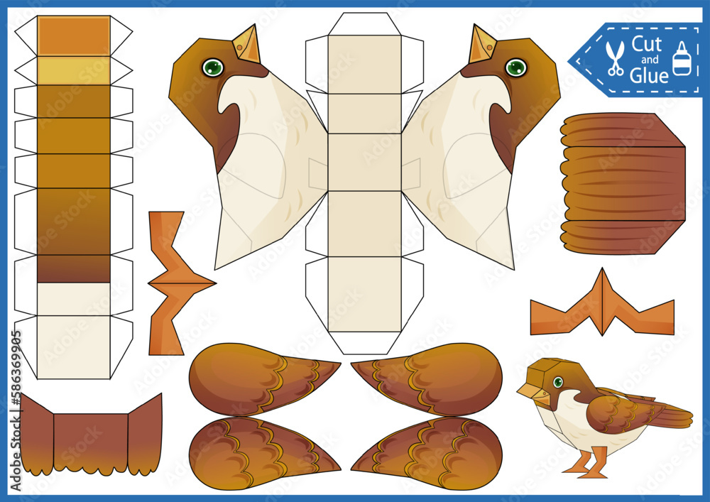 Kids craft game. Cut and glue paper 3d cute cartoon bird sparrow. Printable Activity education page papercraft template. DIY animal birthday décor. Stock Vector | Adobe Stock kids-craft-game-cut-and-glue-paper-3d-cute-cartoon-bird-sparrow-printable-activity-education-page-papercraft-template-diy-animal-birthday-d-cor-stock-vector-adobe-stock