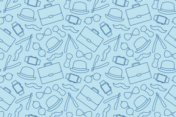 Father's Day seamless pattern with hat, watch, bow tie, briefcase, eyeglasses, shaving brush, razor icons- vector illustration