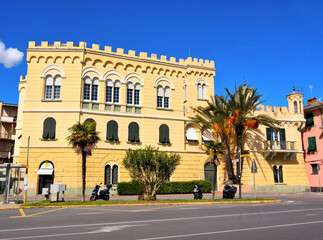 Wall Mural - historic castle visible on the seaside promenade of the seaside village  Albissola Marina Italy