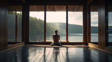 A Peaceful Scene Of A Woman Meditating In A Quiet Room With Breathtaking Views To The Lake. Yoga, De Rose, Wellness And Mindfulness Concept. AI Generative