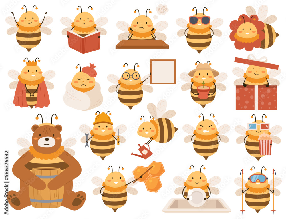 Cartoon bee characters flat illustrations set. Busy insects. Flying ...