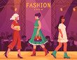 Fashion show concept. Women in modern clothes with bags in their hands on podium. Young girls dressed in trendy outfits demonstrate their look. Event announcement. Cartoon flat vector illustration