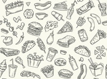 Fastfood Line Seamless Pattern. Repeating Design Element For Cafe Menu. Donut, Ice Cream, French Fries, Coffee And Chicken Leg. Pizza And Soda. Sweet And Junk Food. Cartoon Flat Vector Illustration