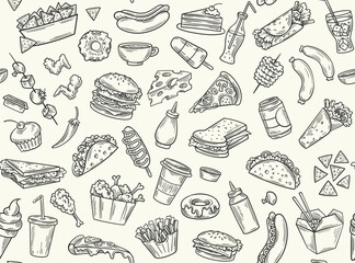 Fastfood line seamless pattern. Repeating design element for cafe menu. Donut, ice cream, french fries, coffee and chicken leg. Pizza and soda. Sweet and junk food. Cartoon flat vector illustration