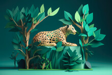 Jaguar Resting On A Tree Branch Kirigami Card: Create A Card With A Jaguar Resting On A Tree Branch, Cut Out The Jaguar, The Tree Branch, And The Leaves, Paper Art Style