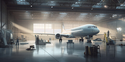 Wall Mural - Inside the Hangar: The Technologic Work of Aircraft Maintenance and Repair - AI Generative