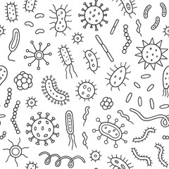 Seamless pattern of Bacteria and Viruses doodle. Microorganism in sketch style. Hand drawn vector illustration