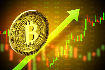 Aufkleber - bitcoin investment. btc gold coin. up arrow metaphor for rising prices. increasing capitalization of
