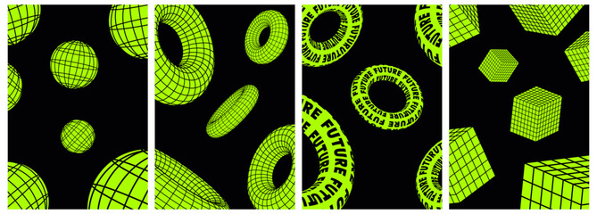 Wall Mural - rave psychedelic retro futuristic posters set in trendy y2k style. surreal geometric shapes, and pat