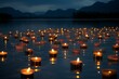 Candles floating on a lake with a mountain view at night, generative AI