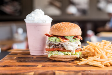 Double Burger and Strawberry Shake