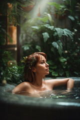 Sensual Hydrotherapy. A naked woman indulging in a relaxing hydrotherapy bath at a spa, surrounded by lush green plants and an indoor garden. Wellness and self-care concept. AI Generative