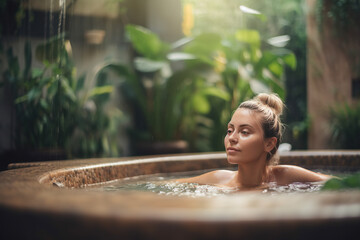  Sensual Hydrotherapy. A naked woman indulging in a relaxing hydrotherapy bath at a spa, surrounded by lush green plants and an indoor garden. Wellness and self-care concept. AI Generative