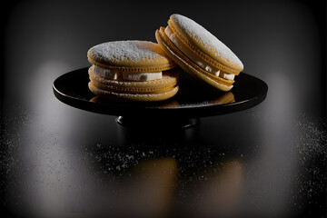 Alfajores on black background created with generative AI technology