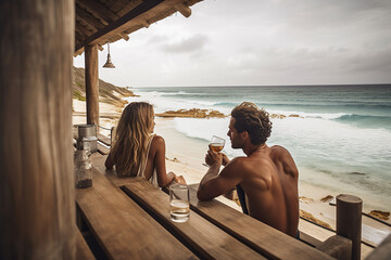 Wall Mural - Couple with straw hats, drinking and chilling enjoying beautiful views over the ocean, paradisiac beach, sunday morning, Romantic Relaxation and vacation concept ai generative