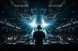 Electrifying Beats. DJ on stage with vibrant lighting and enthusiastic audience in an ultra-wide angle shot. Music and entertainment concept. AI Generative