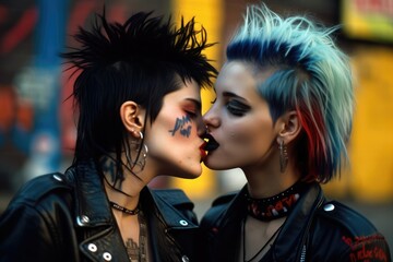 Portrait of two beautiful punk girls with colored dyed hair. Punk style. Kissing. Urban tribes. Generative AI