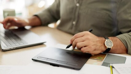 Poster - Hand, track pad and a business man using a stylus while working at a desk in his editing office. Creative, technology and art with a male editor or employee at work in a graphic design company