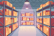 Room in warehouse concept. Large room with parcels and cardboard boxes on shelves under lamps. Logistics and transportation. Storage or archive at factory. Cartoon flat vector illustration