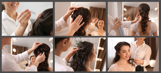 Canvas Print - Hair styling process. Collage with photos of hairdresser and woman in salon