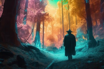 Wall Mural - A wizard walking through a forest