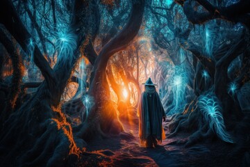 Wall Mural - A wizard walking through a forest