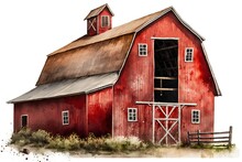 A Splash Of Americana, Vintage Red Barn Watercolor, Isolated On White Background - Generative AI